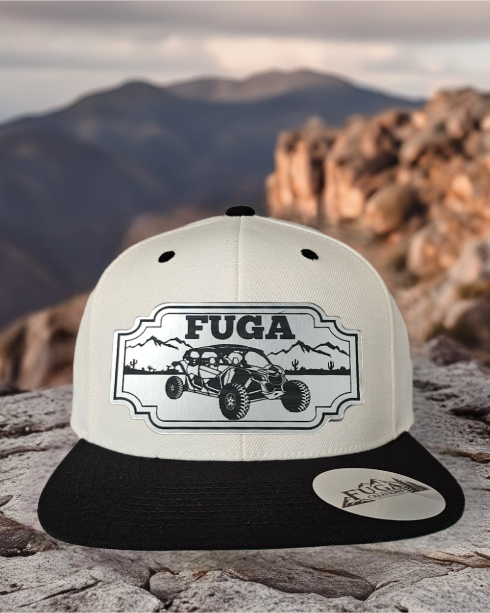 Natural/ Black FUGA HAT premium flat bill snapback stainless