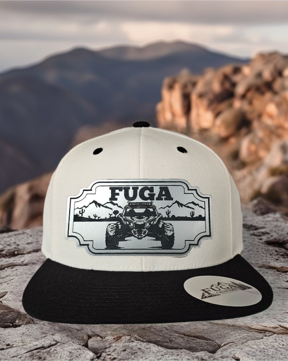 Natural/ Black FUGA HAT premium flat bill snapback stainless