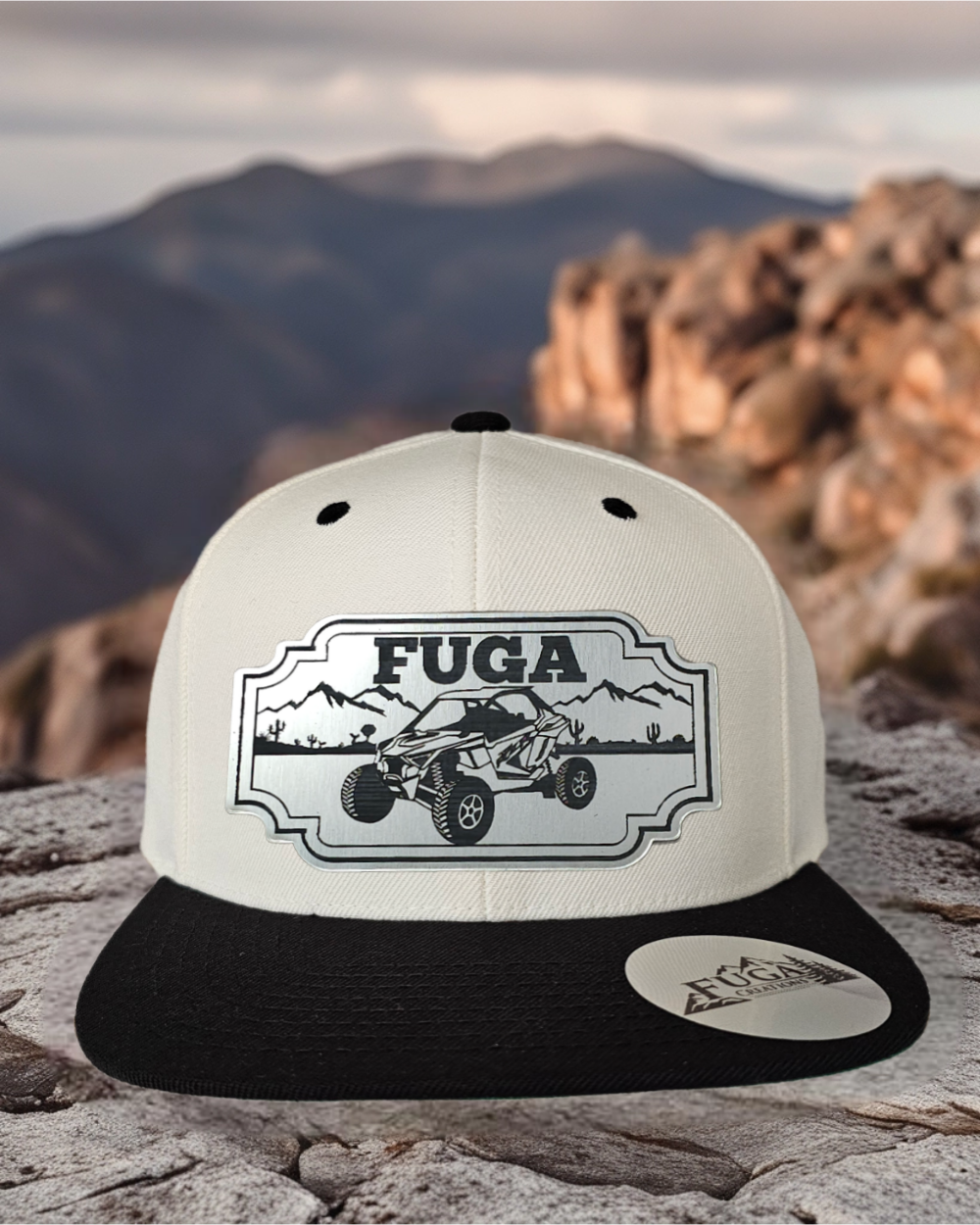 Natural/ Black FUGA HAT premium flat bill snapback stainless