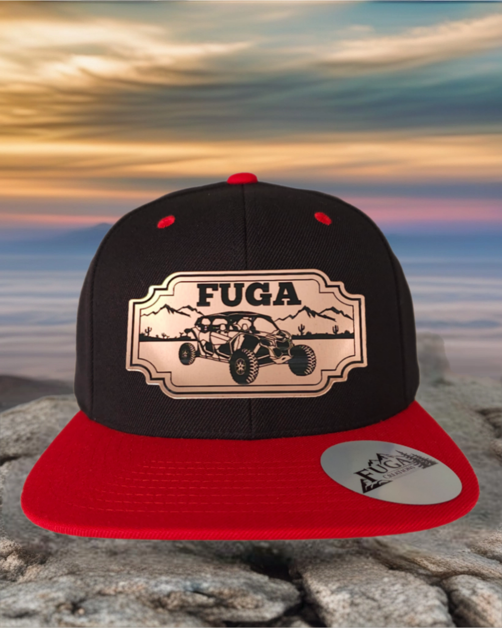 Black/ Red FUGA HAT premium flat bill snapback bronze